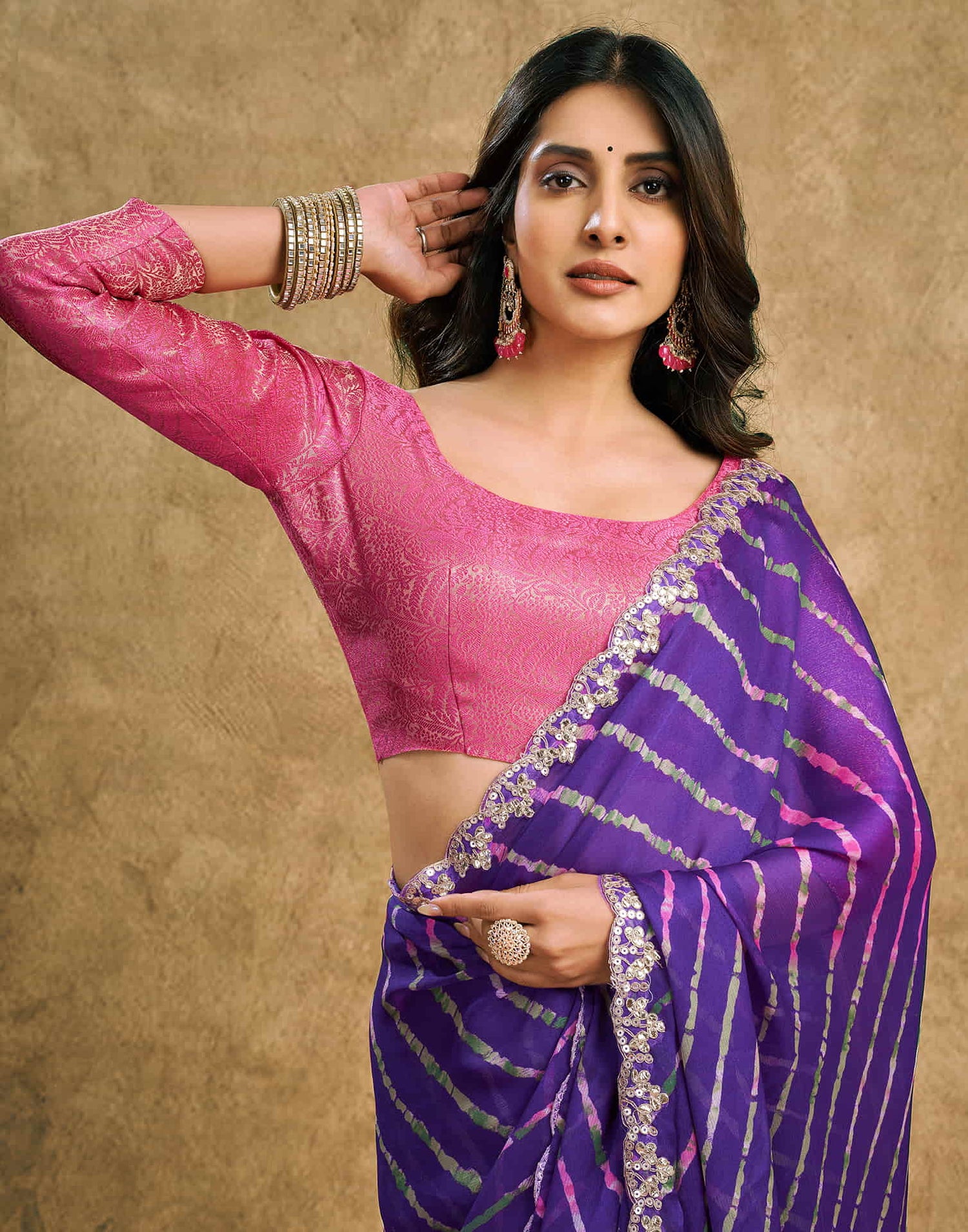 Violet Chiffon Printed Leheriya Saree