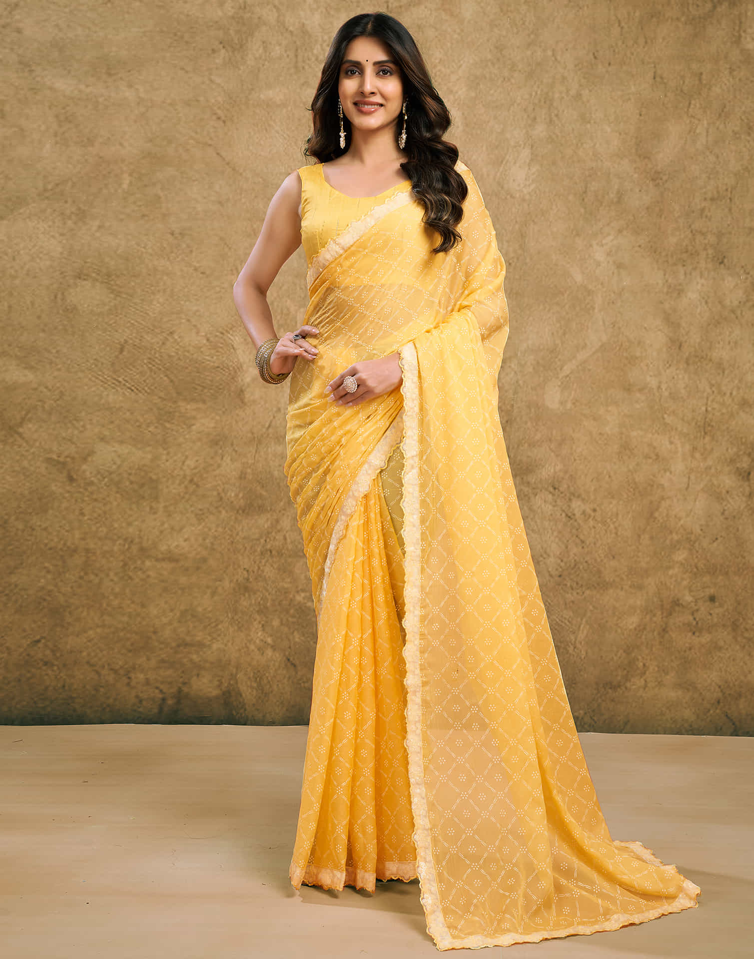 Light Yellow Chiffon Printed Saree