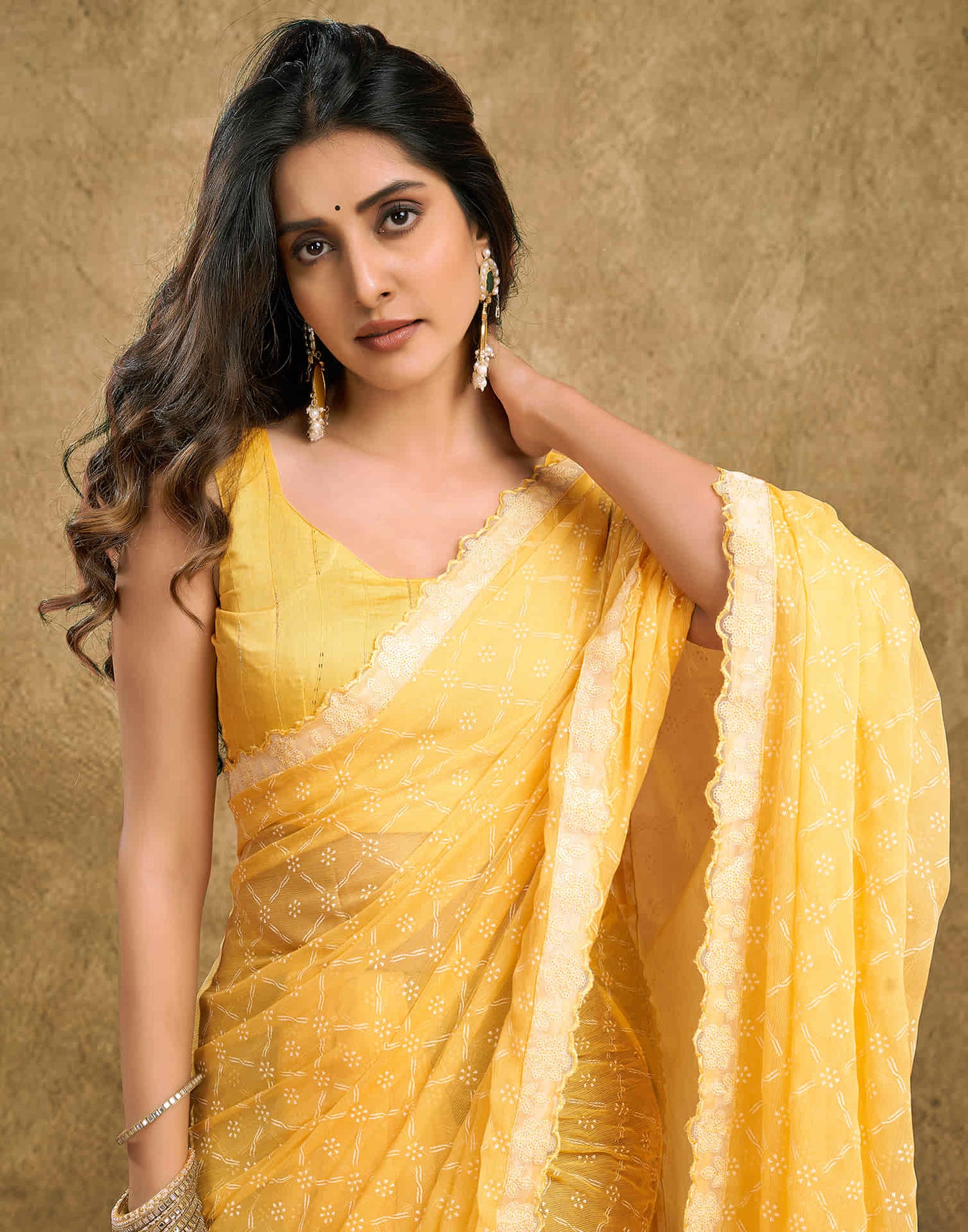 Light Yellow Chiffon Printed Saree