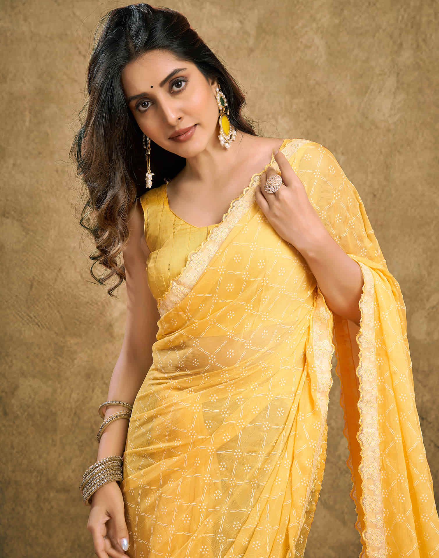 Light Yellow Chiffon Printed Saree