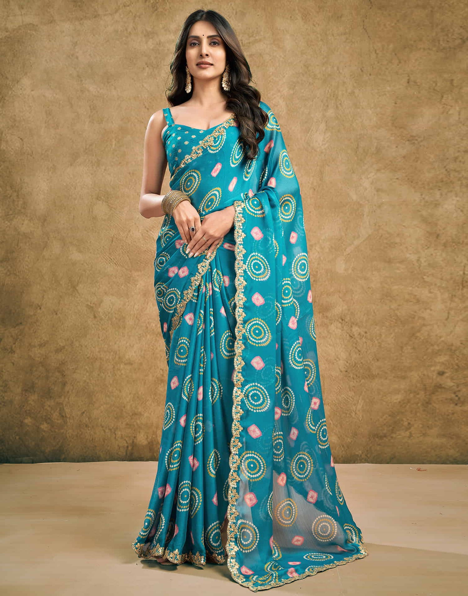 Teal Blue Chiffon Printed Saree