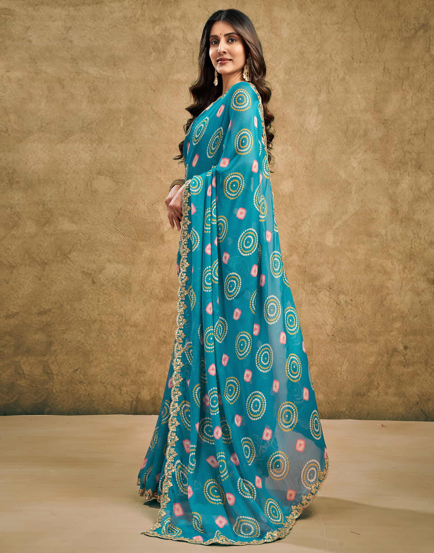 Teal Blue Chiffon Printed Saree