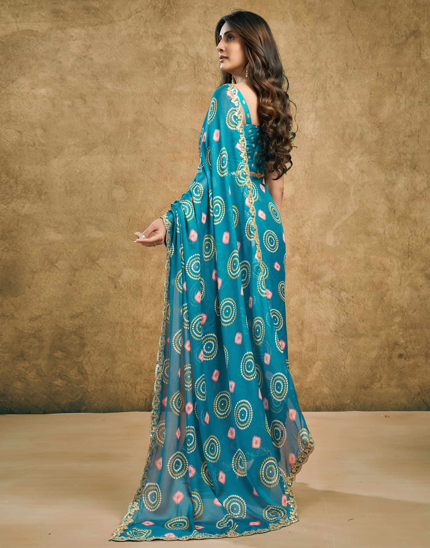 Teal Blue Chiffon Printed Saree