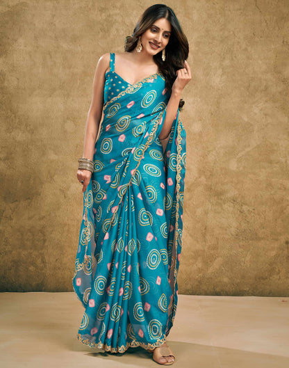 Teal Blue Chiffon Printed Saree