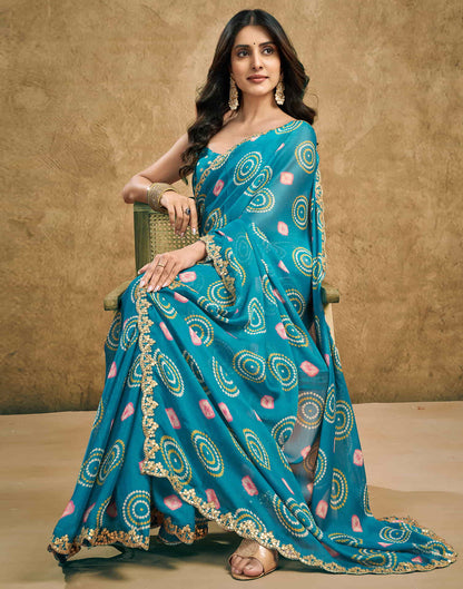 Teal Blue Chiffon Printed Saree