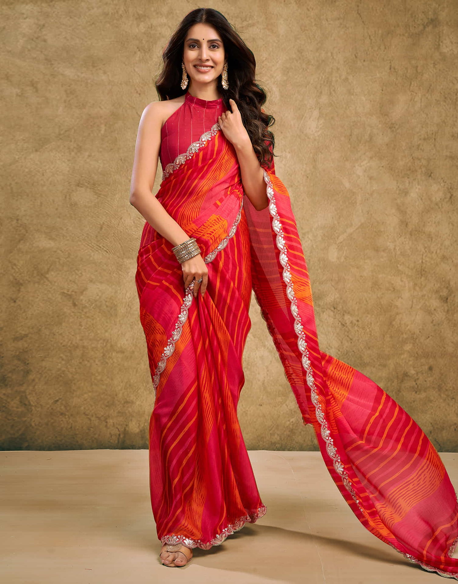 Red Chiffon Printed Leheriya Saree