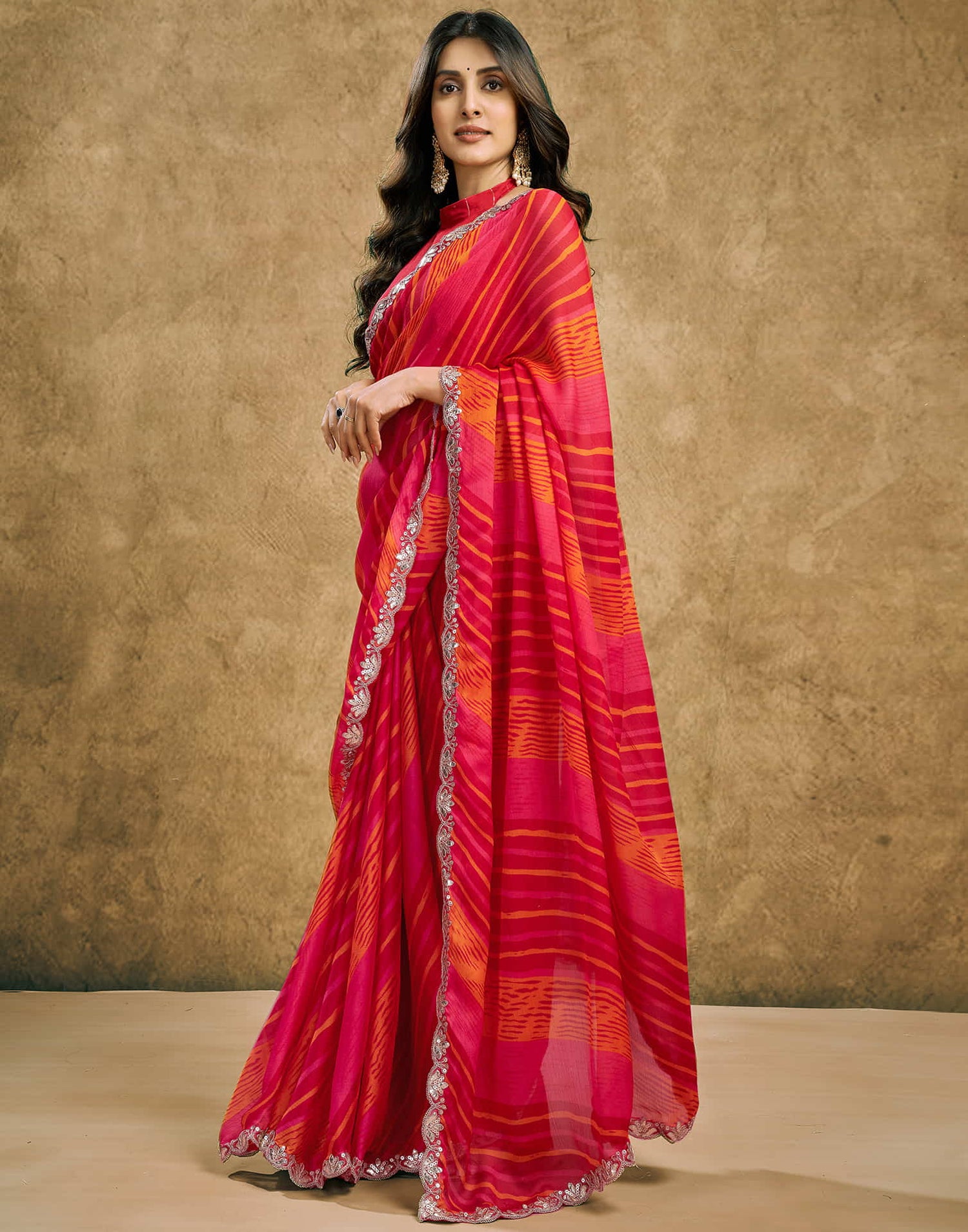 Red Chiffon Printed Leheriya Saree