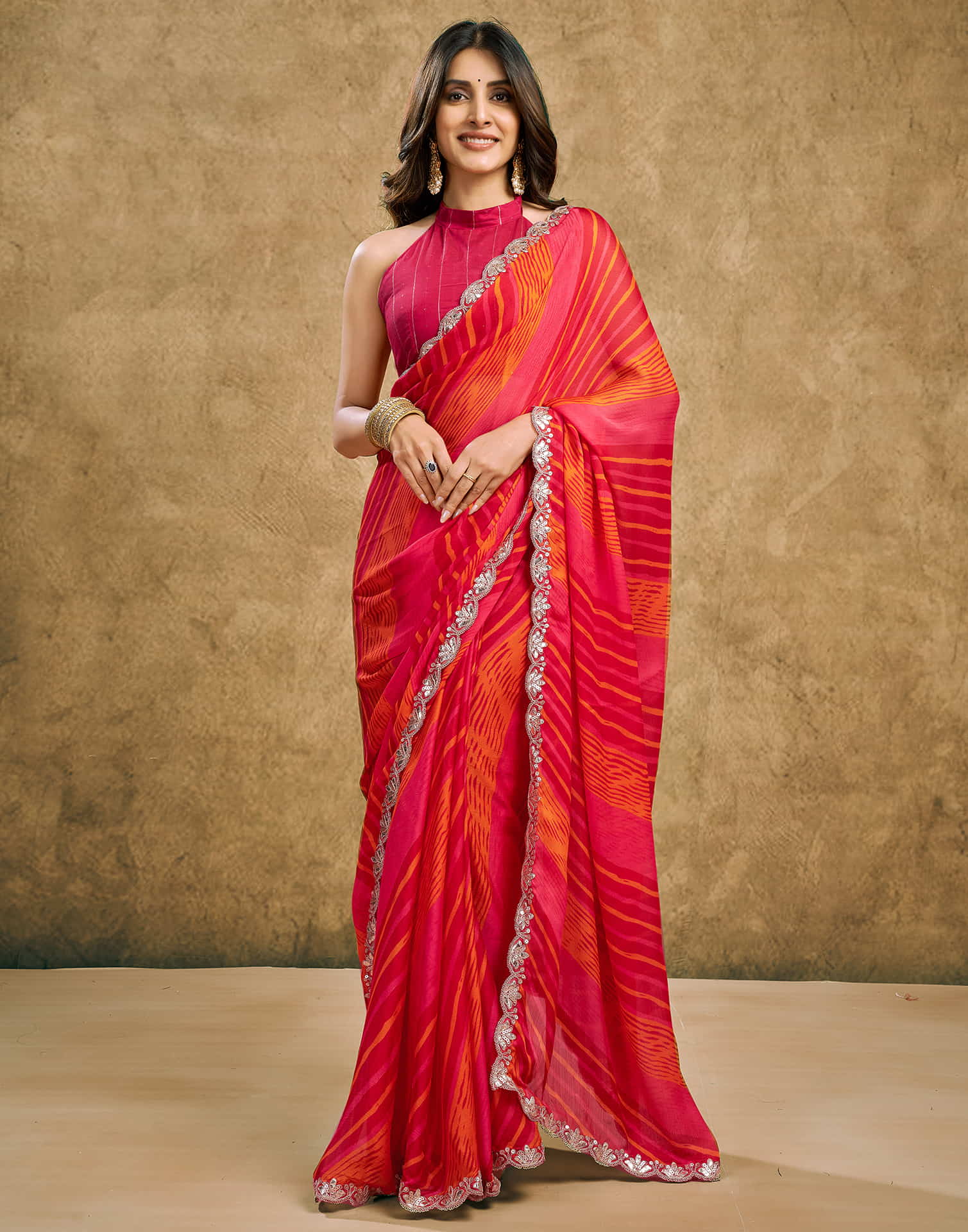 Red Chiffon Printed Leheriya Saree