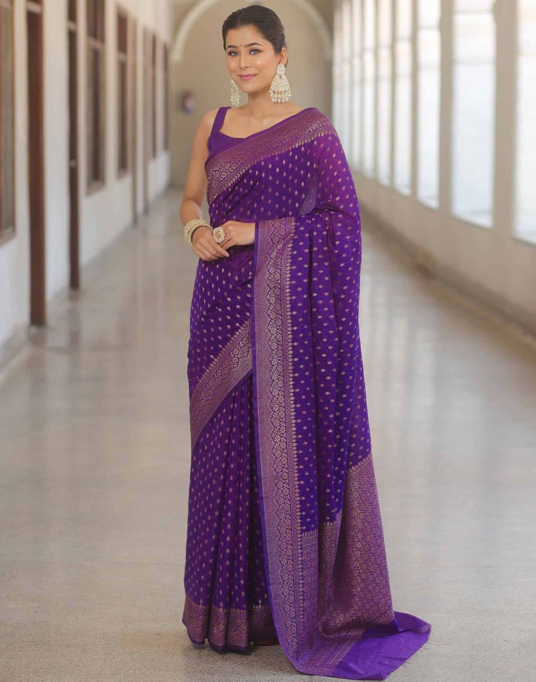 Dark Purple Silk Woven Banarasi Saree