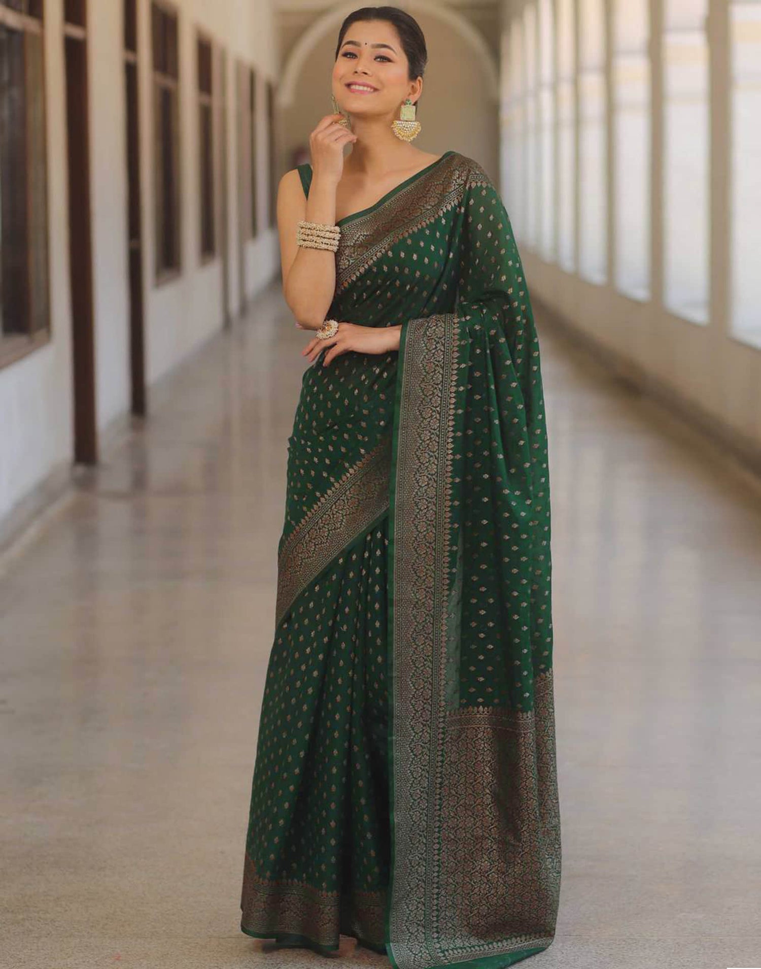 Dark Green Silk Woven Banarasi Saree