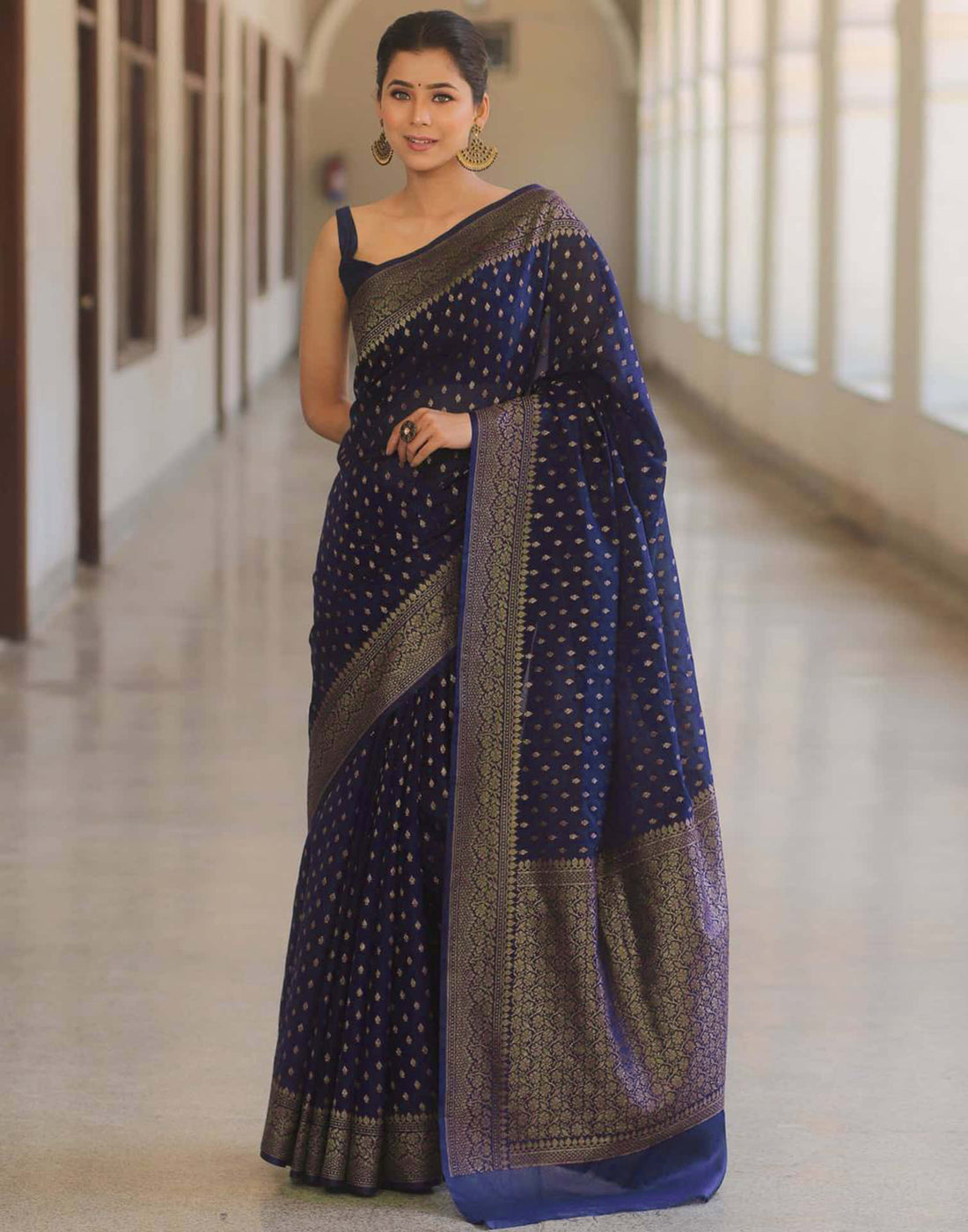 Navy Blue Silk Woven Banarasi Saree