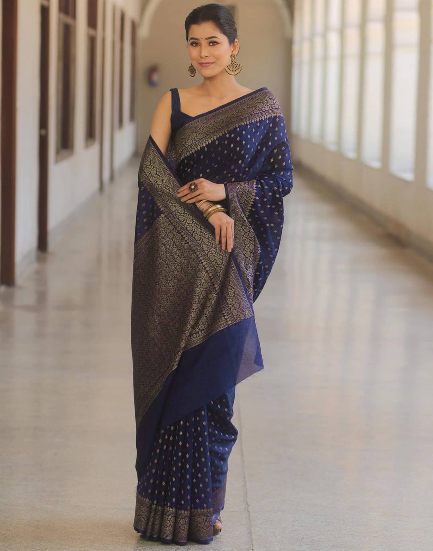 Navy Blue Silk Woven Banarasi Saree