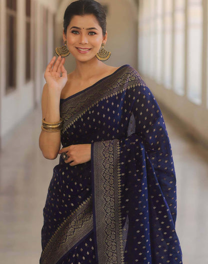 Navy Blue Silk Woven Banarasi Saree