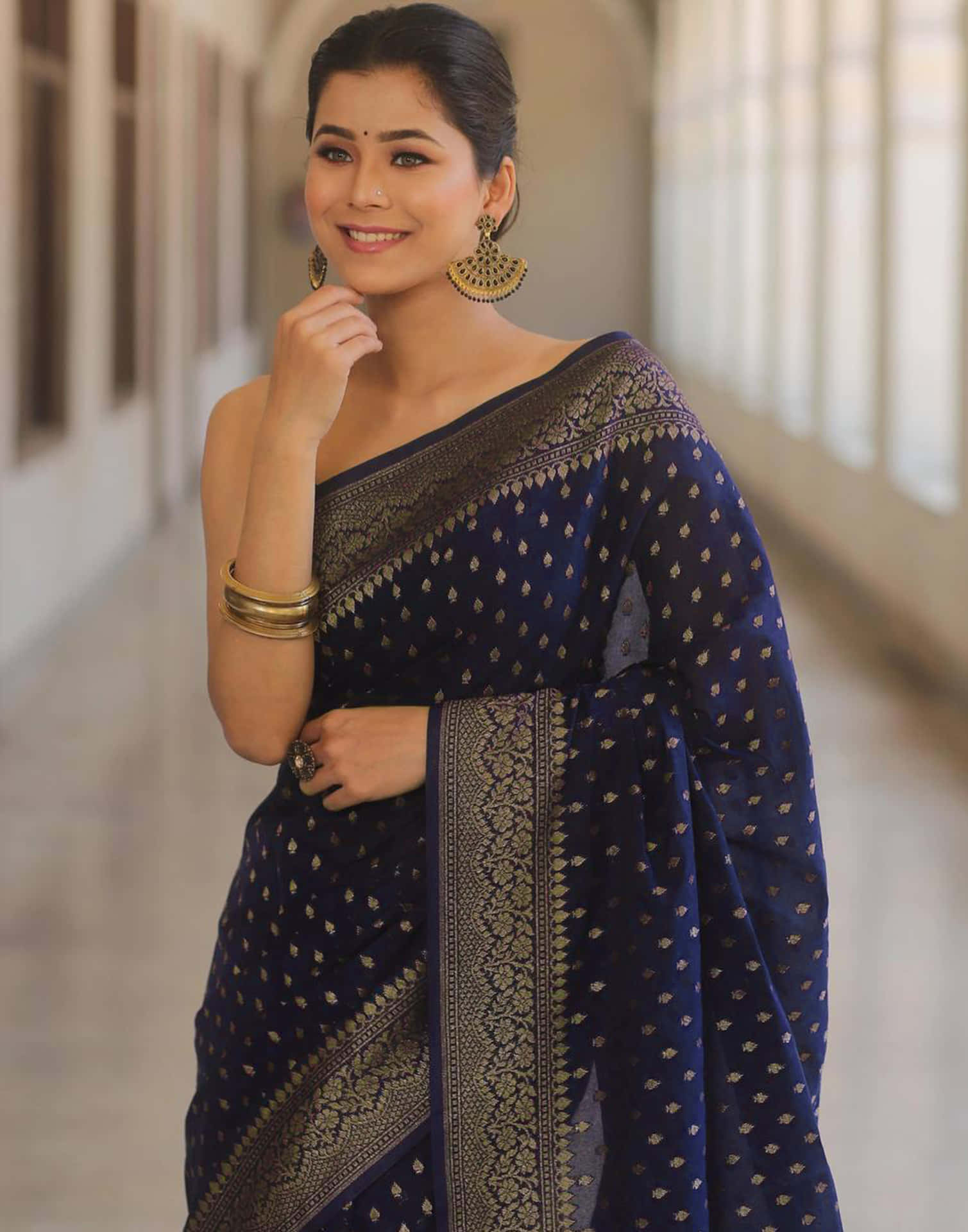 Navy Blue Silk Woven Banarasi Saree