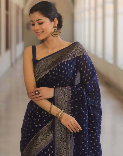 Navy Blue Silk Woven Banarasi Saree