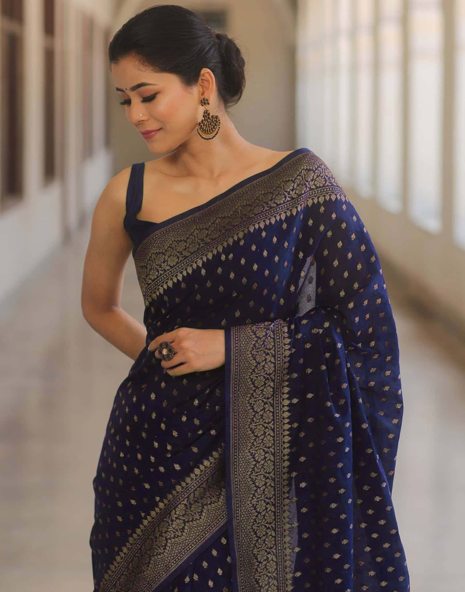 Navy Blue Silk Woven Banarasi Saree