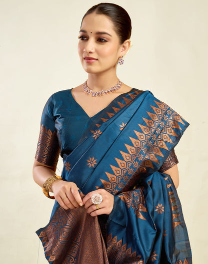 Teal Blue Silk Weaving Banarasi Saree