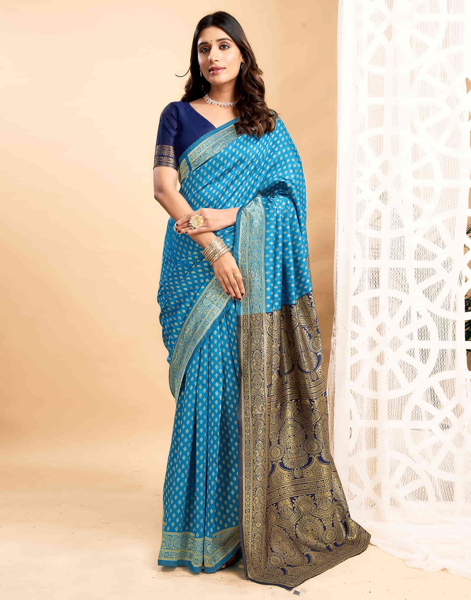 Blue Silk Blend Woven Banarasi Saree