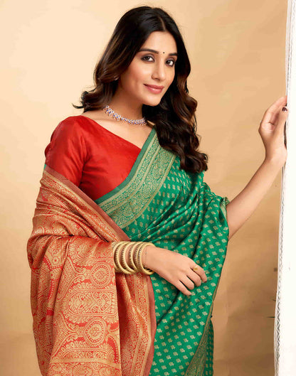 Green Silk Blend Woven Banarasi Saree