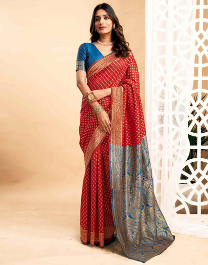 Red Silk Blend Woven Banarasi Saree