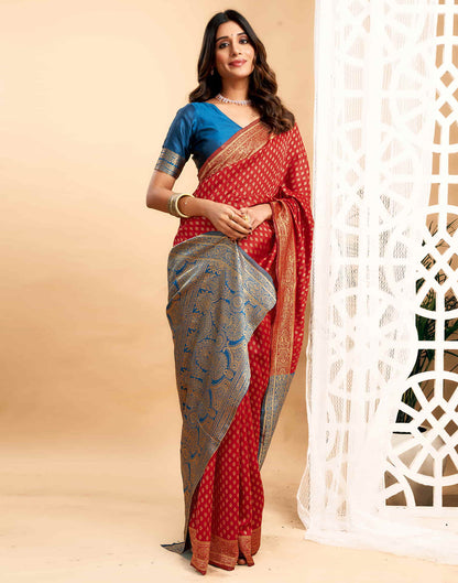 Red Silk Blend Woven Banarasi Saree