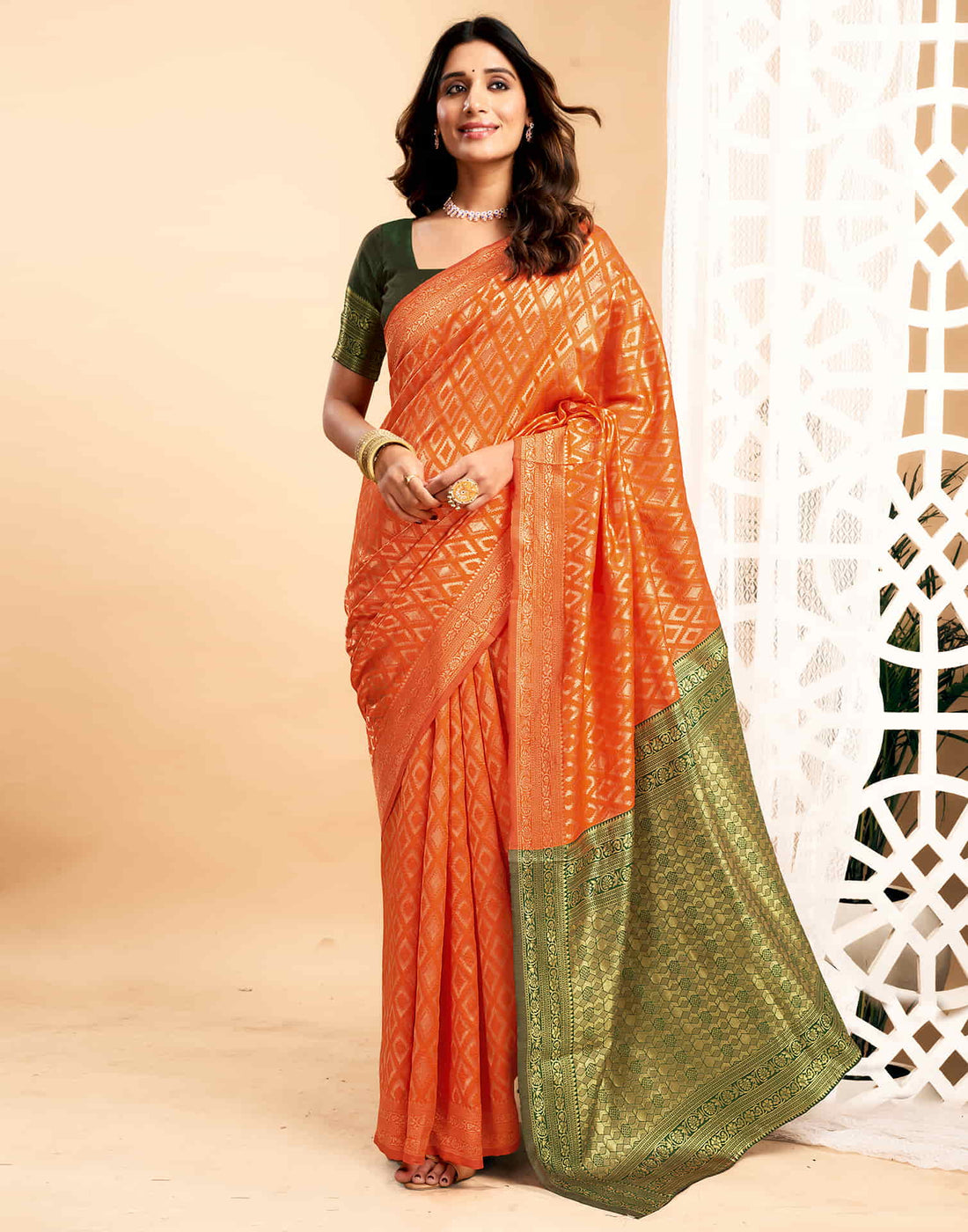 Orange Silk Blend Woven Banarasi Saree