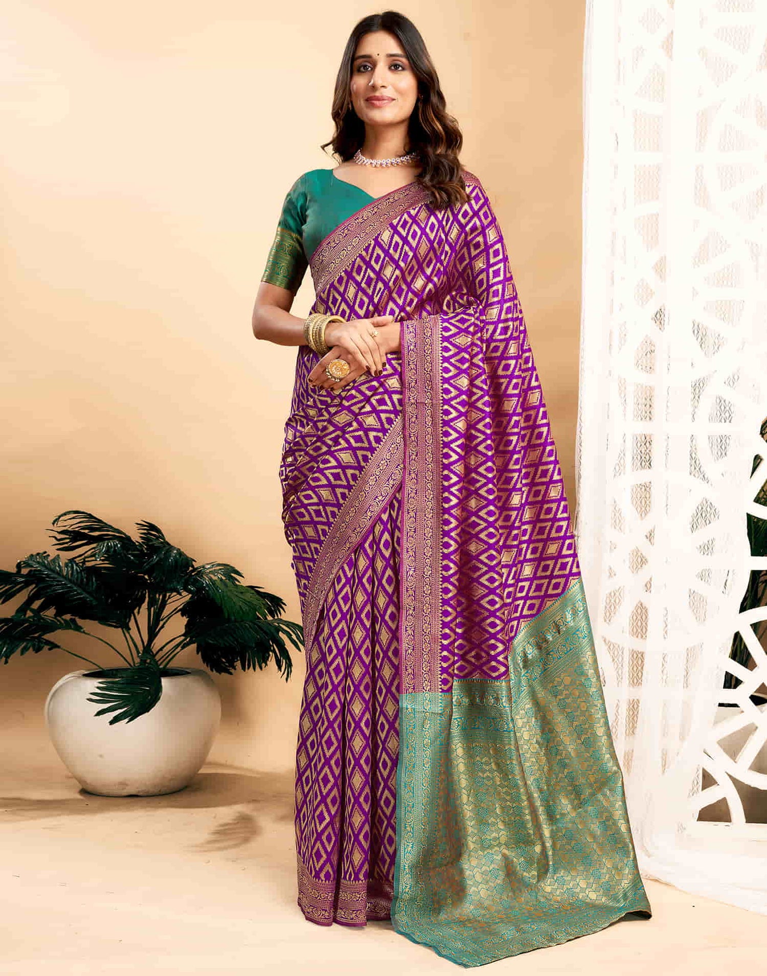 Purple Silk Blend Woven Banarasi Saree