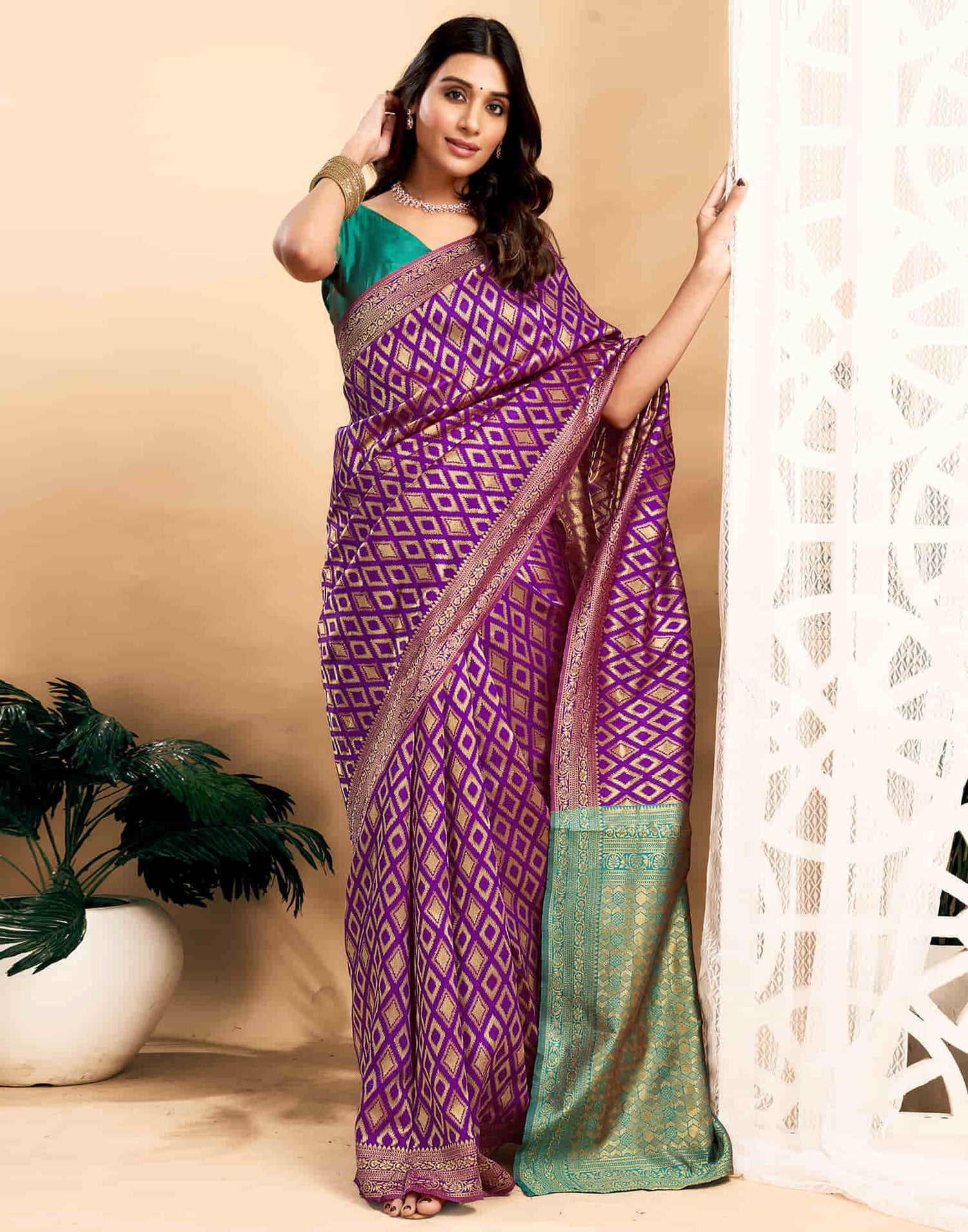 Purple Silk Blend Woven Banarasi Saree