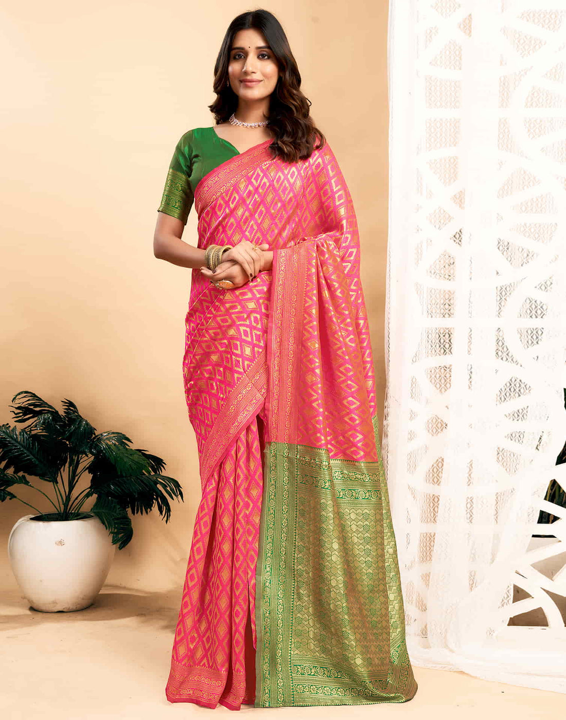 Bright Pink Silk Woven Banarasi Saree