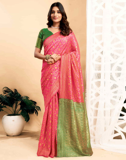 Pink Silk Blend Woven Banarasi Saree