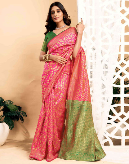 Pink Silk Blend Woven Banarasi Saree