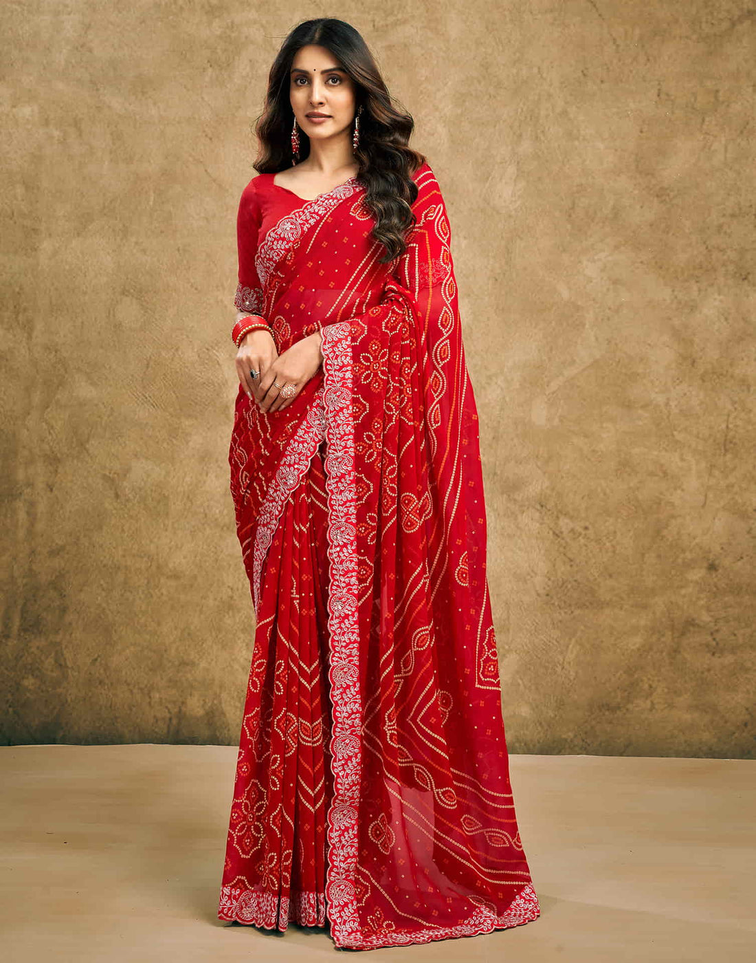 Red Georgette Printed Bandhani Saree