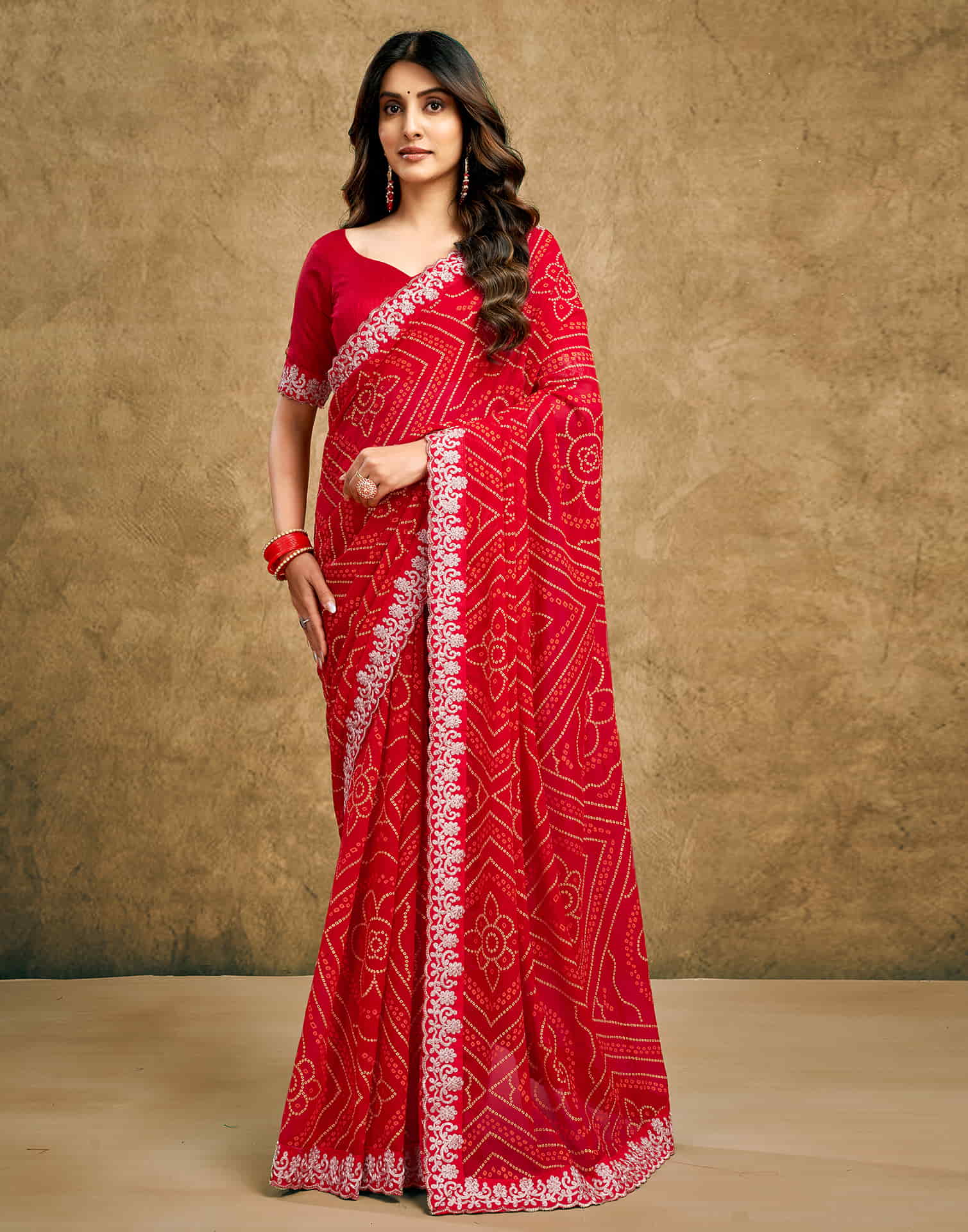 Red Georgette Printed Bandhani Saree