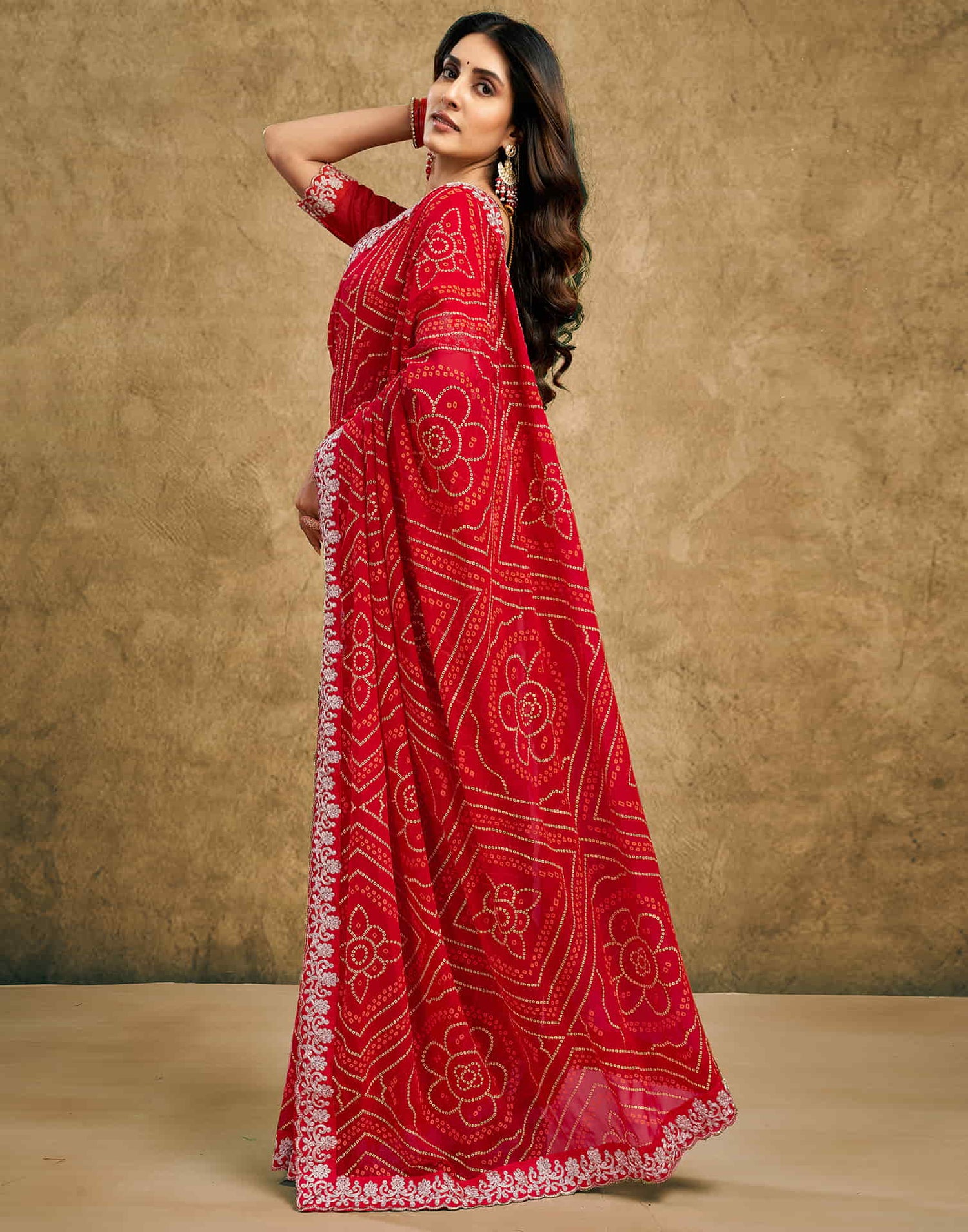 Red Georgette Printed Bandhani Saree