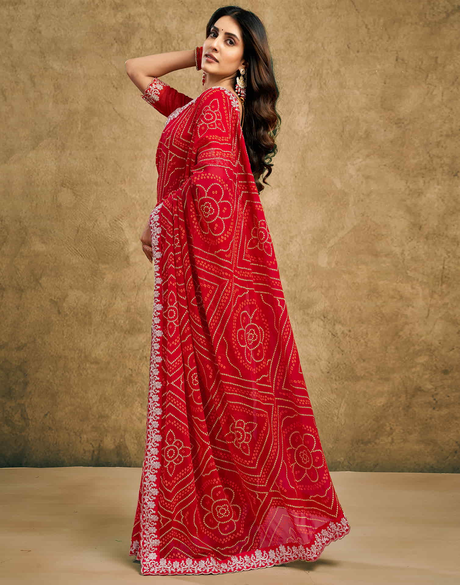 Red Georgette Printed Bandhani Saree