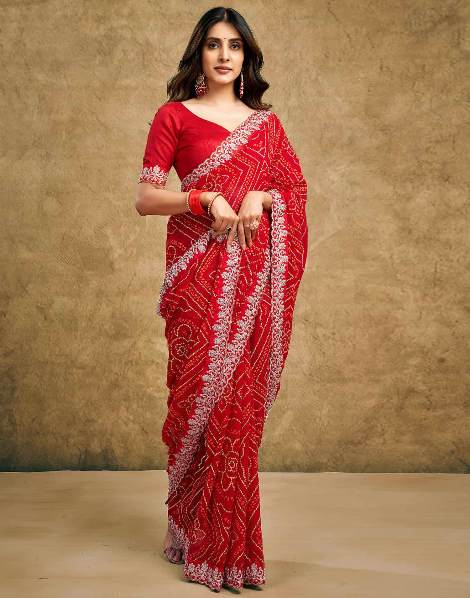 Red Georgette Printed Bandhani Saree