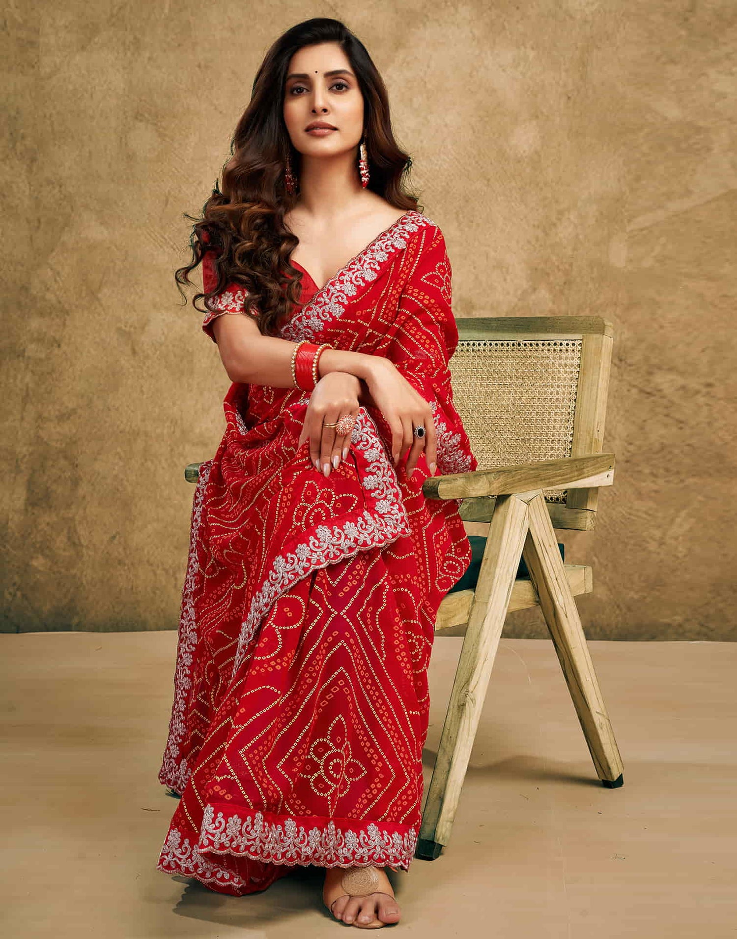 Red Georgette Printed Bandhani Saree