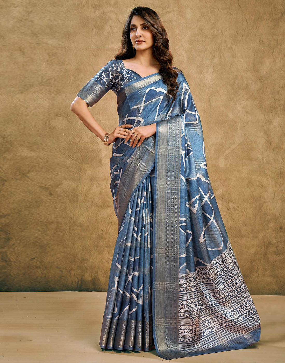 Dusty Blue Printed Silk Saree
