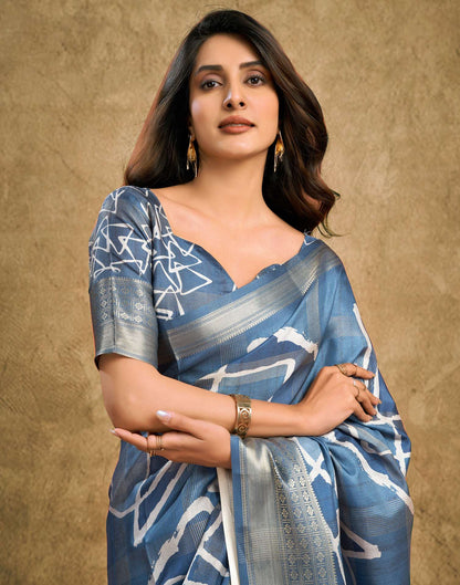 Dusty Blue Printed Silk Saree