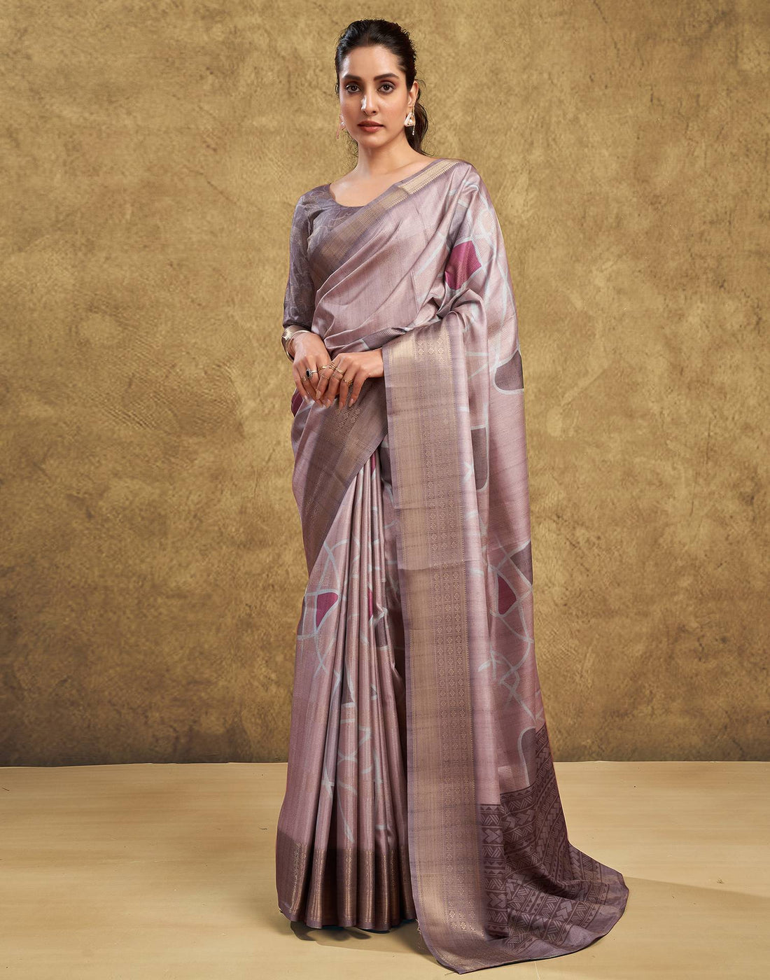 Beige Printed Silk Saree