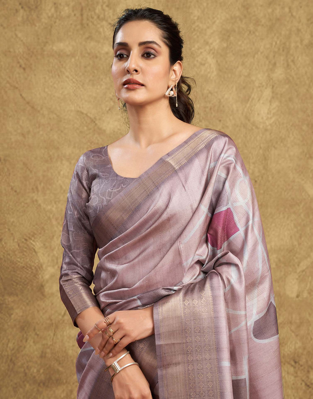 Beige Printed Silk Saree