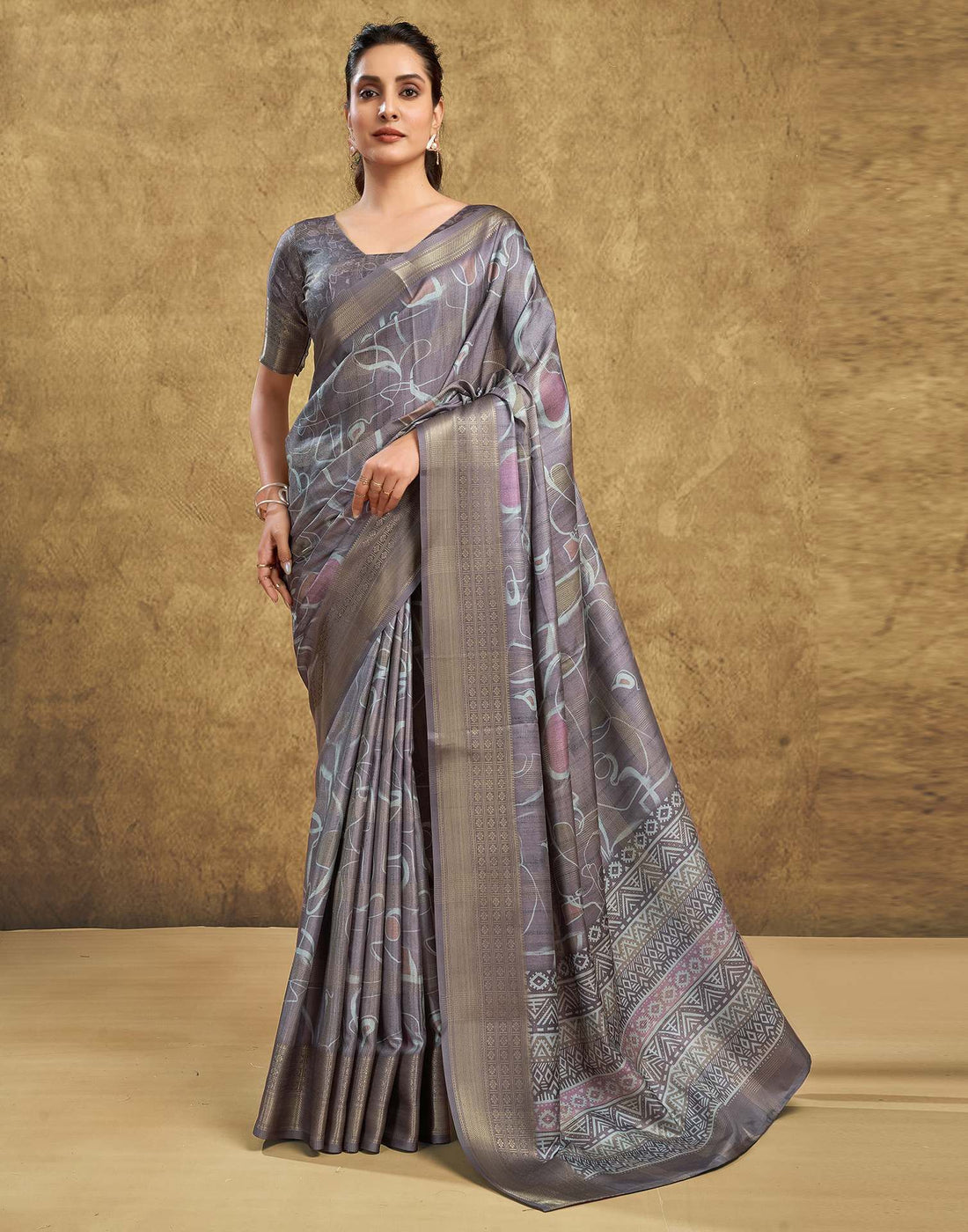 Stone Grey Printed Silk Saree