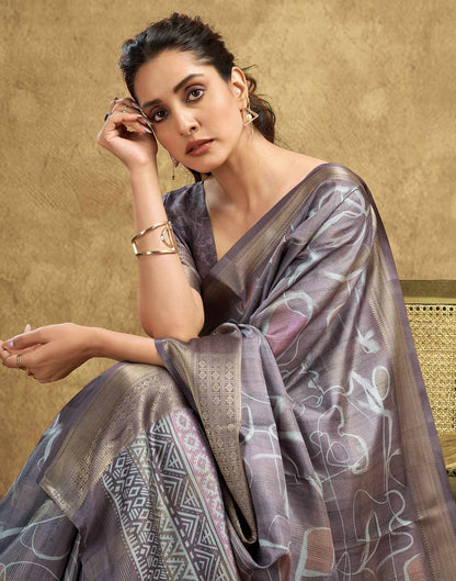 Stone Grey Printed Silk Saree