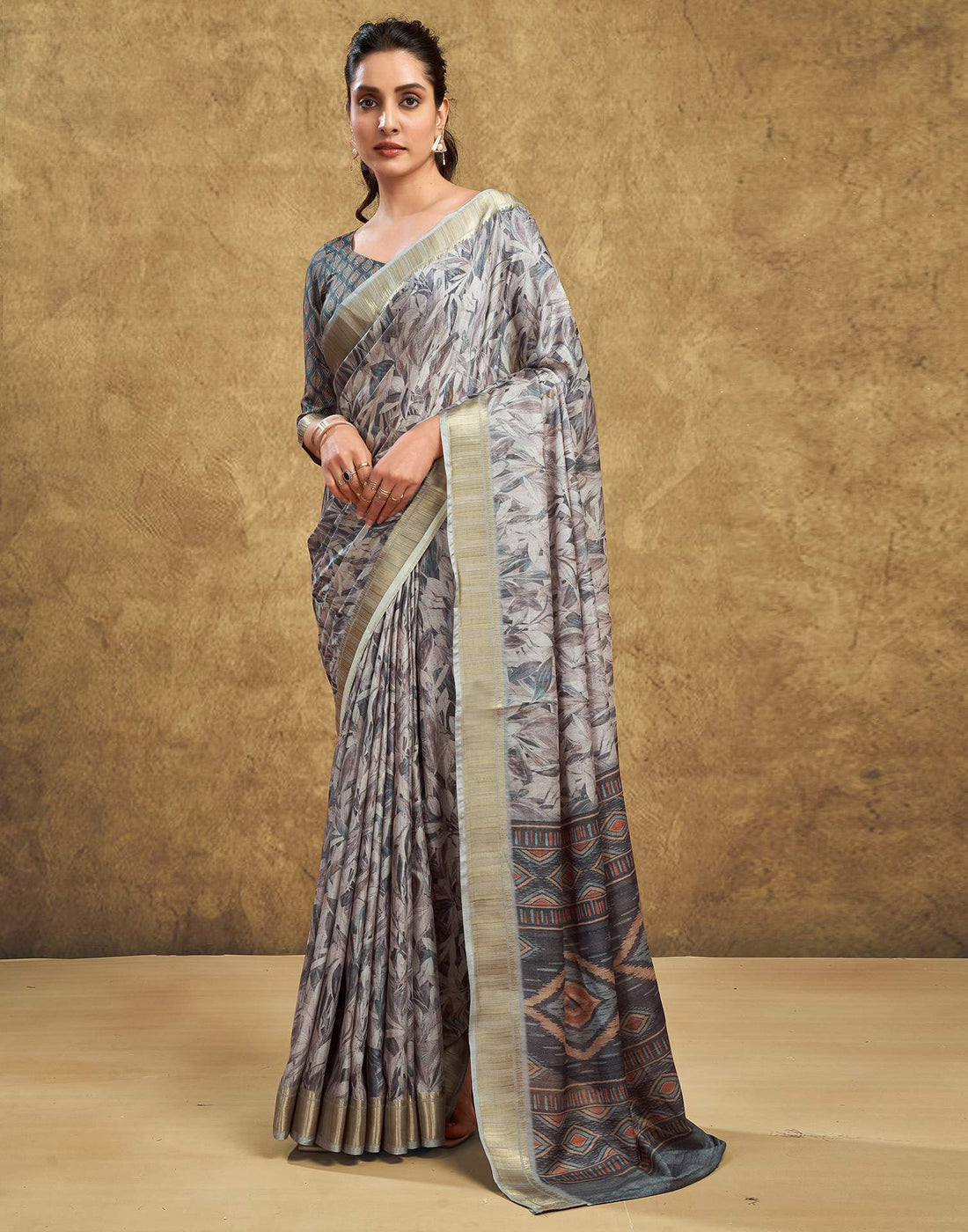 Grey Printed Chanderi Saree