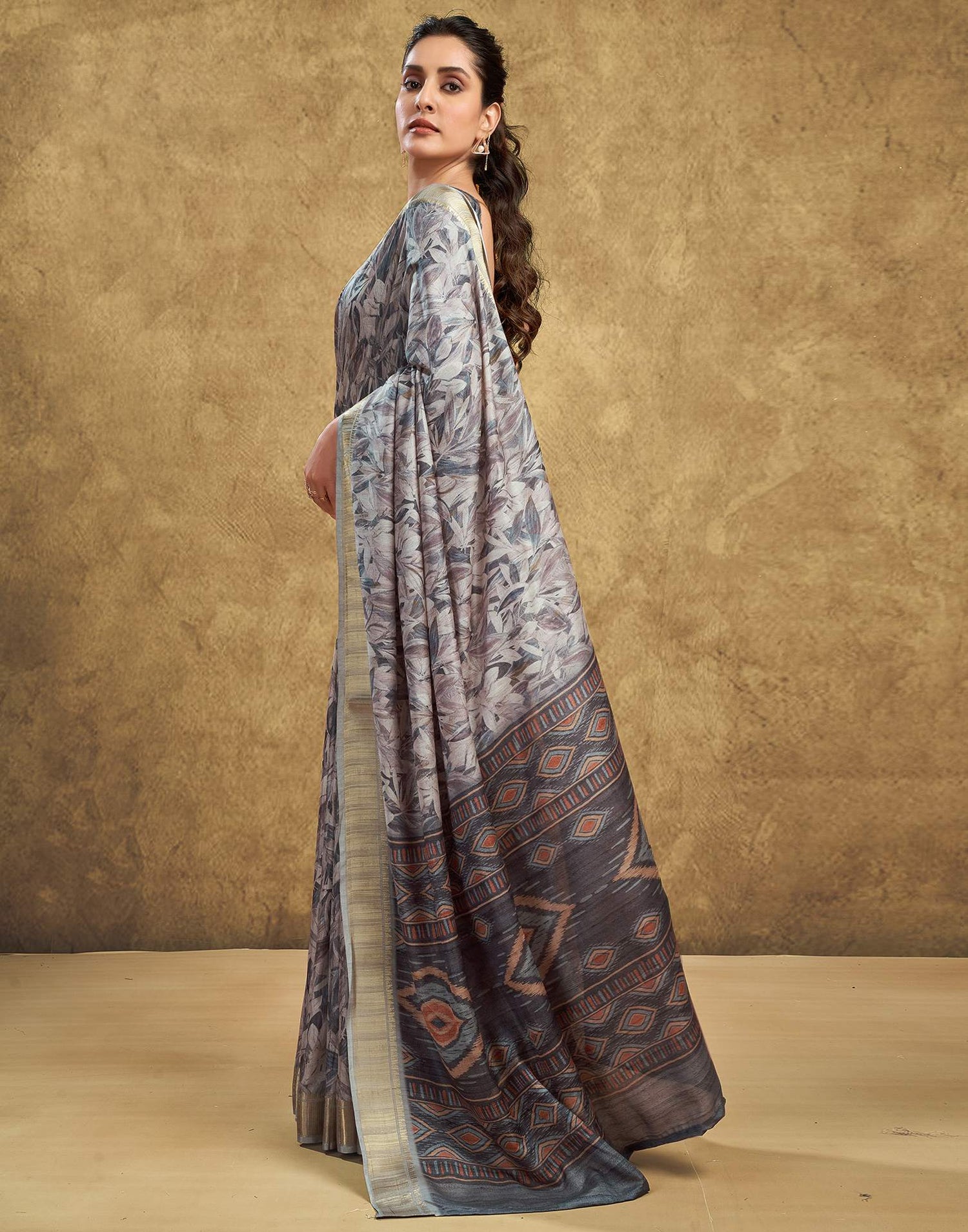 Grey Printed Chanderi Saree