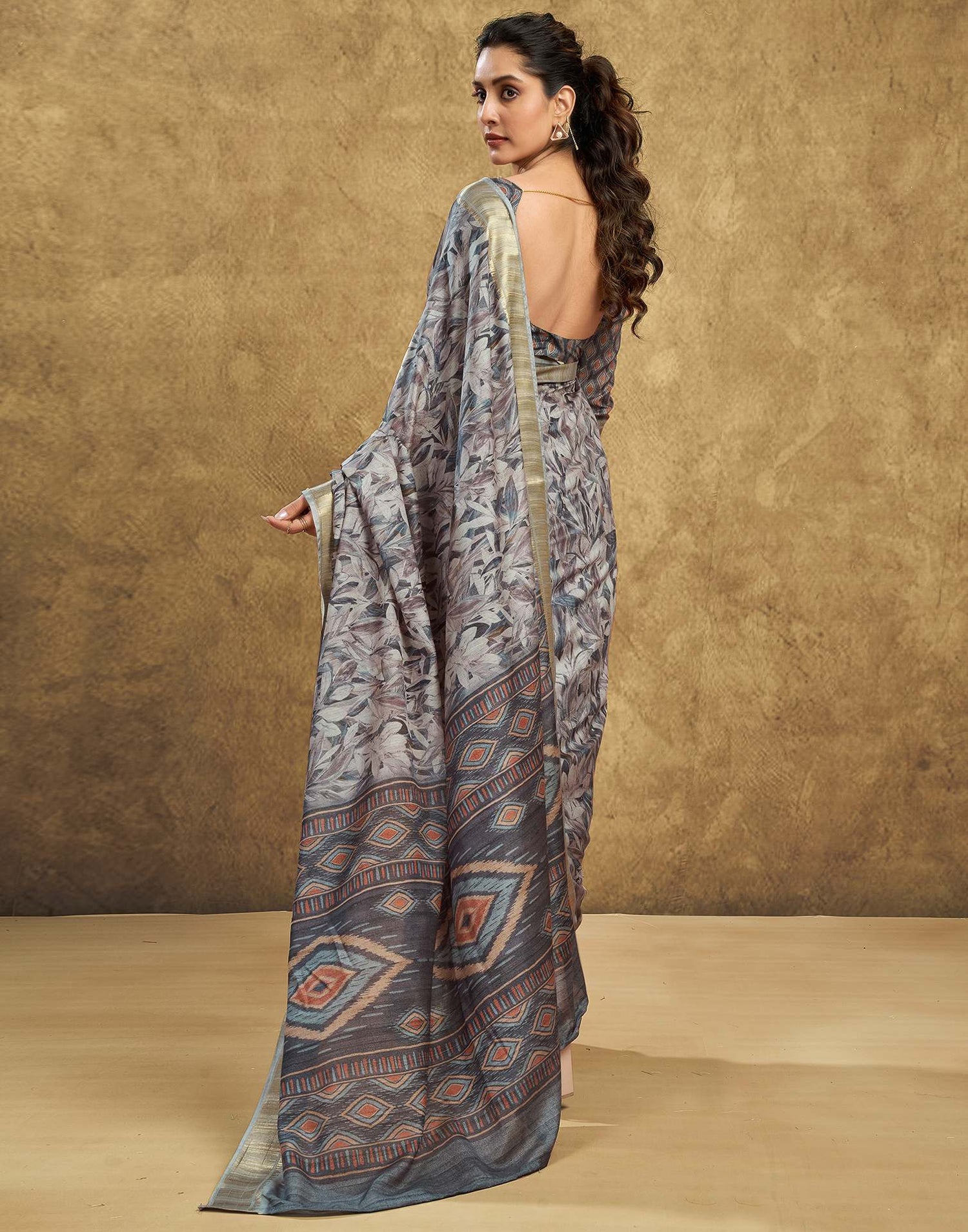 Grey Printed Chanderi Saree