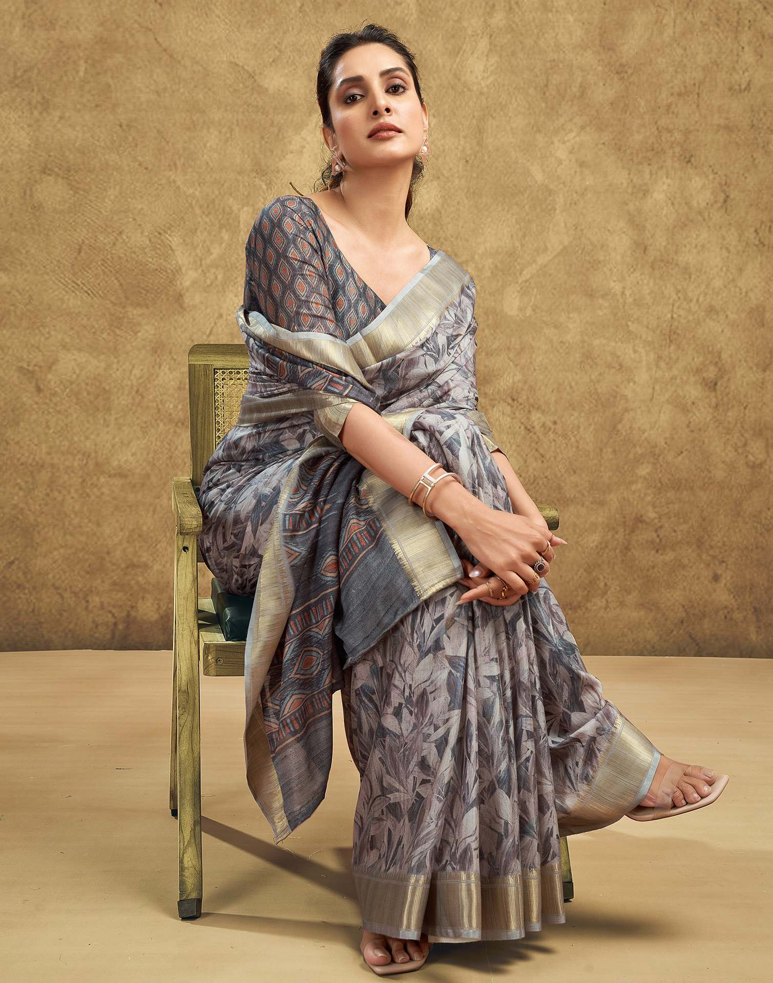 Grey Printed Chanderi Saree