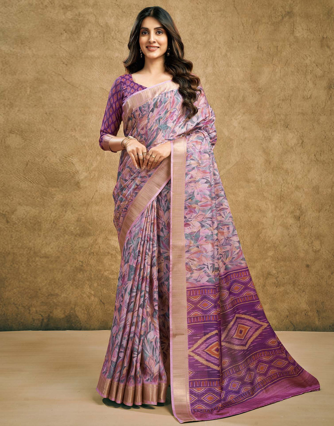 Grape Purple Printed Chanderi Saree