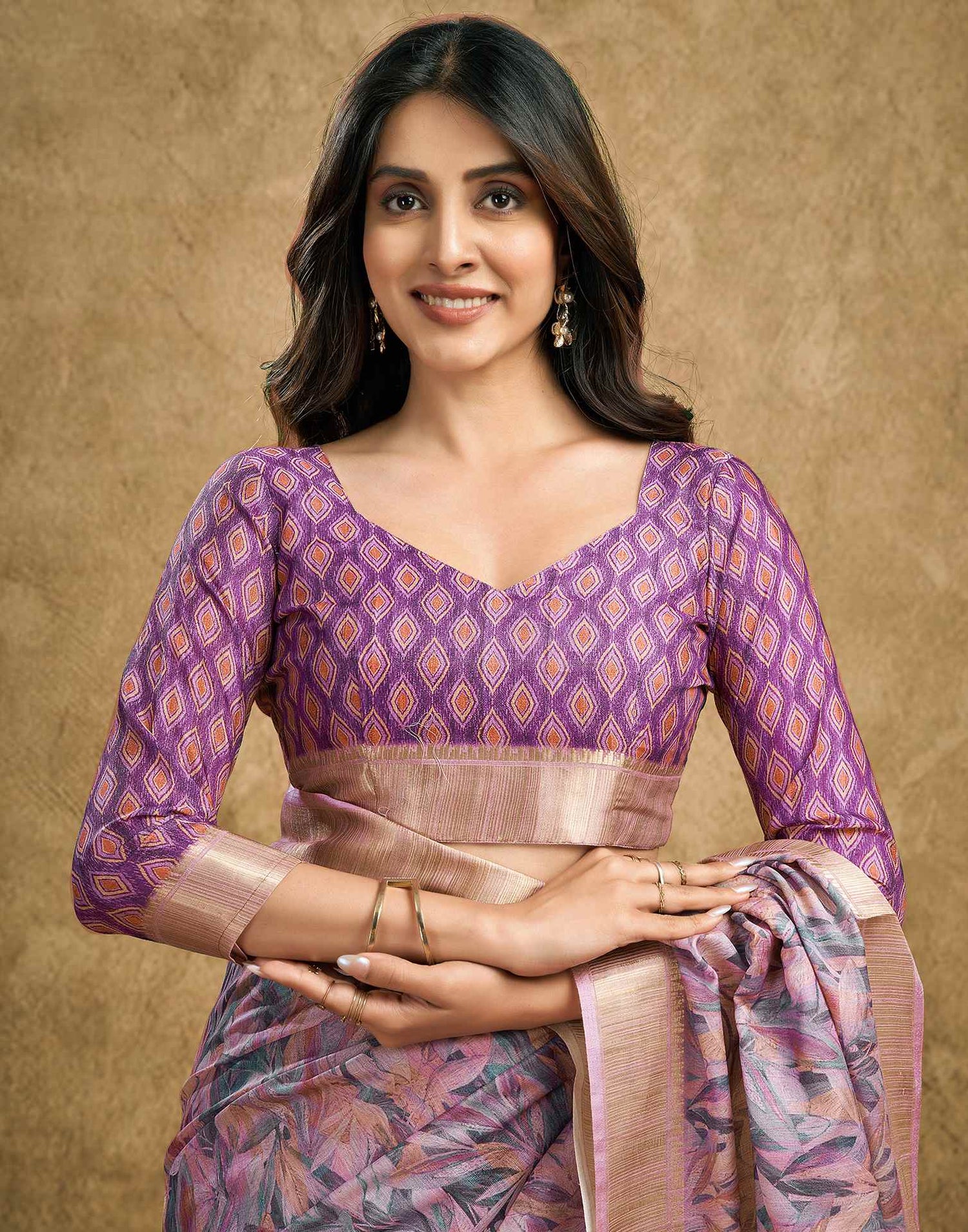Grape Purple Printed Chanderi Saree