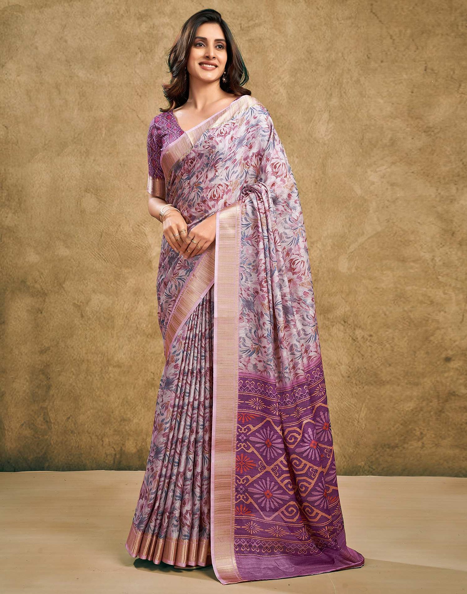 Grape Purple Printed Chanderi Saree